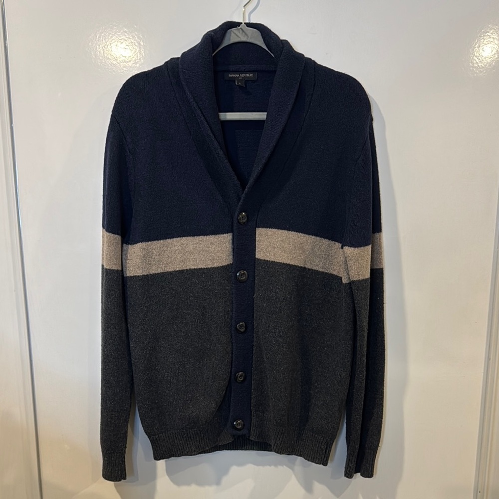 Blue and Gray Cardigan Sweater with V-Neck